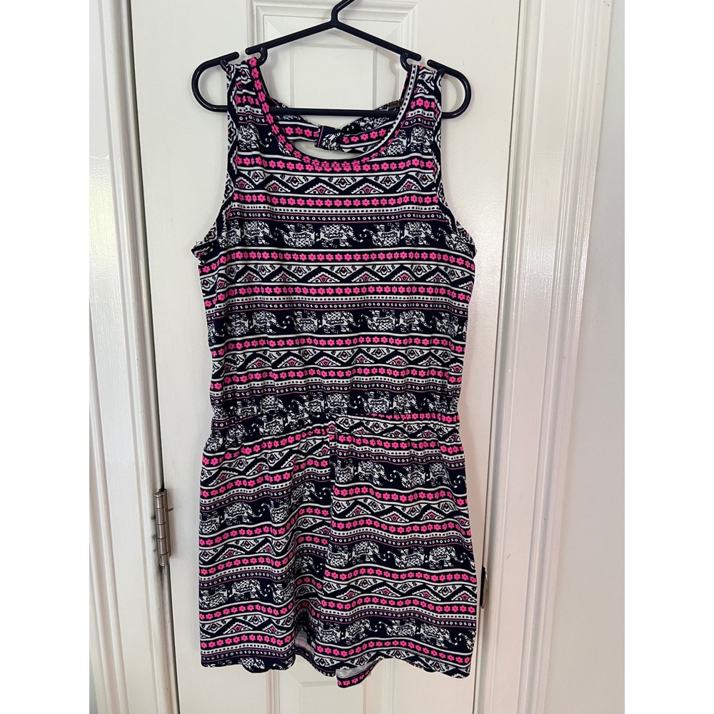 Poof Girl Navy Pink Elephant Tribal Print Romper Girls Large 991483K
